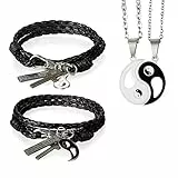 Aroncent 4PCS Schmuck-Set(Halskette und Armband), Edelstahl Tai Chi Yin Yang Partner Anhänger Kette und Leder Armband, Freundschaftsketten Freundschaftsarmband für Herren Damen, Schwarz Weiß Silber