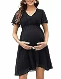 Clearlove Damen Schwangerschaftskleid aus Schweizer Pünktchen-Chiffon mit kurzen Ärmeln für den Sommer(Schwarz,L)