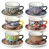 vancasso SIMI Cappuccino Tassen mit Untertassen 6er Set - 240 ml - Kaffeetassen aus Bunt Porzellan, Geschirr Tasse Becher für 6 Personen, Mikrowellengeeignet, Böhmischer Stil