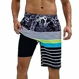 Arcweg Badehose für Herren Badeshorts mit Kompression 2 in 1 Schnelltrocknende Strandshorts Männer Elastisch Surf Shorts mit Reißverschlusstaschen XS-2XL Schwarzer Streifendruck XL（EU