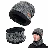 Gxlaihly Winter Beanie Mütze,Mutzen fur herren winter,Schal und mütze damen set winter,Unisex Strickmütze mit Fleecefutter Mütze Schal(Universell für Männer und Frauen) (grau)