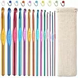 JOZEA Häkelnadeln Set, 14 Stück Aluminium Häkelnadel, 2,0mm-10,0mm Häkelnadeln Stricknadeln, mit 10 Stück Strick Markierer, mit Aufbewahrungstasche