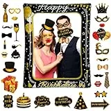 Hysenm 31-Teiliges Set Geburtstag Aufblasbarer Fotorahmen Schwarzgold, Geburtstag Selfie Rahmen Selfie Bilderrahmen Party Zubehör, Aufblasbare Photo Booth Fotobox Requisiten