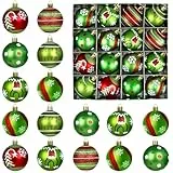Pipihome Grinch Weihnachtskugeln, 16 TLG Christbaumkugeln Kunststoff Weihnachtsbaumkugeln, 6cm Rot Grün Weiß Weihnachtskugeln Plastik für Weihnachtsbaum Deko Elfen Thema