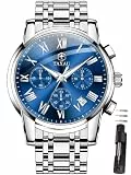 Taxau Uhr Herren Silber 42mm Blau Großes Zifferblatt Leicht Ablesbar Herrenuhr Klassische Edelstahl Armbanduhr Wasserdicht Mit Römische Ziffern Chronograph Herrenuhr für Den Täglichen Gebrauch