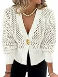 Cicy Bell Damen-Strickjacke, gehäkelt, mit Aussparungen, Knopfleiste, Laternenärmel, lässig, Netzstoff, lockere Passform, Weiss/opulenter Garten, Mittel