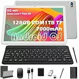 2024 Tablet 10 Zoll, 5G WiFi Android Tablet mit Tastatur Maus Stift, 128GB ROM+1TB TF, 1.8GHz Okta-Kern, 7000mAh,face ID 13MP+8MP Kamera, 1080P FHD Bluetooth 5.0, GMS|OTG|FM|Typ-c Silber