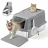 Feandrea Katzenklo Edelstahl, XL, Katzentoilette mit Deckel, mit Schaufel, Bürste und 2 Eingängen, für Katzen bis 15 kg, Taubengrau PPT005G01