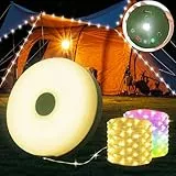 Yizhet Camping-Lichterkette, 2-in-1, 10 m, 100 LEDs, warmweiß und bunt, 9 Modi, mit Fernbedienung, wasserdicht IPX4, aufrollbar, wiederaufladbar, USB C, für Camping, Hof, Zelt Garten