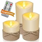KESSER® LED Kerzen 3er Set Flammenlose Kerze mit Fernbedienung Timerfunktion Timer Dimmer Echtwachskerze 10cm, 12,5cm,15cm Hoch Realistisch Flackernde Led-Flammen Echtwachs mit Kordel Deko Gelb