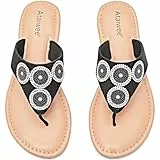Ataiwee Damen Flache Slide-Sandalen-Bequeme und lässige Bohème-String-Flip-Flops für den Sommer (2307003,BK/MF,41)