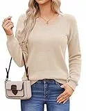 Hotouch Strickpullover Damen Elegant Pullover V-Ausschnitt Häkelpullover Einfarbig Knit Sweater Herbst Winter Lässige Strick Oberteile Beige S