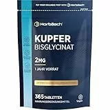 Kupfer Tabletten 2mg pro tablette | Bisglycinat | 1 Jahr Vorrat - 365 Vegan Tabletten | Hochdosiert | Kupferbisglycinat | Horbaach