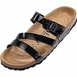 Palado Pantoletten Damen Ikaria – bequeme Sandalen Made in Spain - Hausschuhe mit dämpfendem Kork-Fußbett - modische Sommerschuhe Schwarz Lack UK6 - EU39