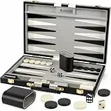 Backgammon-Sets für Erwachsene – 38 cm schwarzes PU-Leder-Brettspiel-Set – Klassisches 2-Spieler Reise-Backgammon-Set mit 32 Spielsteinen, Würfeln und Bechern
