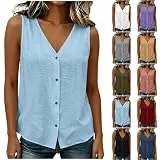 Generisch Damenshirt Ärmellos Sommeroberteile Damen Tank Top V-Ausschnitt Bluse mit Knöpfen Leichtes Einfarbiges Oberteil Locker Sitzende Weste Casual Mode für Strand und Alltag