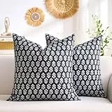 Hanrunsi Kissenbezug 40x40 cm Schwarz Blume Zierkissenbezug Leinen und Baumwolle Kissenbezüge Verdickter Vintage Cushion Cover für Schlafzimmer, Sofa, Stuhl, Bett, Garten Deko 2er Set