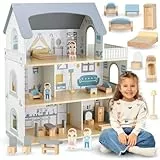 Mamabrum Holzpuppenhaus 3-Etagen mit Möbeln & Zubehör - Sicherheitsgeprüftes Kinderspielhaus für Rollenspiele - Puppenhaus mit Schlafzimmer, Wohnzimmer, KüChe & Bad