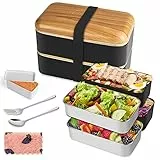 HOLIPOT Bento Box im japanischen Stil 2-stufige Lunchbox mit 2 Stück umweltfreundlichem PP-Behälter und Edelstahlbehälter, Brotdose mit Fächern für Kinder und Erwachsene, Snack-Verpackung
