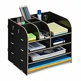 Relaxdays Schreibtisch Organizer mit Dokumentenablage, 10 Fächer, HBT: 27,5 x 32,5 x 25 cm, Büroorganizer MDF, schwarz