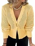 Cicy Bell Damen-Strickjacke, gehäkelt, mit Aussparungen, Knopfleiste, Laternenärmel, lässig, Netzstoff, lockere Passform, gelb, Klein