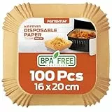 PORTENTUM Backpapier für Heißluftfritteusen, 100 Stück, BPA-frei, 16 x 24 cm, antihaftbeschichtet, wasserdicht und ölbeständig, Einweg-Pergamentliner, quadratisch, passend für Airfryer 4,7–7,3 L