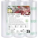 KitchenBoss Vakuumierbeutel 3 Rollen：28x600cm Profi Folienrollen, 170µm, Vakuumierrollen für alle Vakuumiergeräte und Sous Vide Gefrierbeutel, Stark & Reißfest
