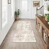 HUGEAR Waschbarer LäUfer Teppich Flur 60 x 180cm Beige Grau Modern Abstrakt Küchen Wohnzimmer Schlafzimmer Teppiche TeppichläUfer rutschfest Kurzflor Weich FlurläUfer TeppichläUfer Bettvorleger