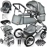 KIDUKU® 3 in 1 Kinderwagen XXL Komplettset | Kombikinderwagen Set inkl. Babywanne Buggy Sportsitz & Auto-Babyschale Fußsack | Vollgummireifen Wickeltasche Handwärmer Regenschutz Kindertisch ECE R129