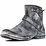 OSSTONE Herren Stiefel aus Rindsleder Lederstiefel mit Gummisohle Biker Boots mit Reißverschluss Männer Stiefeletten OS-5008-1-AN-13