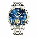 OLEVS Bicolor Armbanduhr Herren Blau Zifferblatt Edelstahl Herrenuhr Wasserdicht Leuchtende Großes Metallarmband Männer Uhr mit Mondphase Römische Zahlen Analog Uhr für Herren Chronograph Geschenke