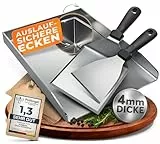flammtal - Grillplatte aus 4mm rostfreiem Edelstahl [40 x 30cm] - Plancha mit Grillspachtel Set & Burgerpapier - passend für Gas- & Kohlegrill - auslaufsichere Ecken für sauberes Grillen