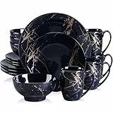 LOVECASA Tafelservice porzellan, Serie Daphne, SWEET 16-teiliges Kombiservice Set, Ess Geschirrset mit Goldspritzer Design, Speiseteller, Dessertteller, Müslischalen und Kaffeetassen für 4 Personen