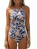 CUPSHE Damen Badeanzug Hochgeschlossen Zierausschnitt Bauchweg Raffungen Strandmode High Neck Einteilige Bademode Swimsuit Dunkelblau/Blumenmuster L