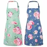 Livdouyu 2 Stück Kochschürze Damen Blumen Schürze, Blühende Damenschürzen mit großen Taschen Wasserdicht Verstellbar Kochschürzen für Grill Küche, Garten und Salon