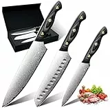 Purple Dragon Damast Kochmesser 3er Set - Santoku Messer Set mit VG10 Kernen – Damast Küchenmesser mit Ebenholzgriff für Fleisch, Gemüse und Obst –Geschenk für Männer und Frauen