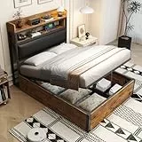 Kebnor Bettrahmen mit hydraulischem Hubmechanismus, USB, gepolstertem Kopfteil, Retro-Holz- und Metalldesign, versteckte Stauraumschicht Einzelbett Moderne Schlafzimmermöbel (Schwarz, 90 x 200cm)