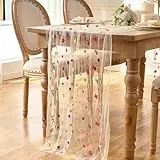 Serento Tischläufer Champagner Beige Besticktes Gänseblümchen Herbstblumenmuster, Saisonal Tüll Tischläufer, Tischband Esstischdekoration für Hochzeit, Zuhause, Party, Drinnen und Draußen, 75x300 cm