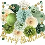 Olive Salbeigrün Party Dekoration - Seidenpapier Pom Poms Blumen, Papierfächer, Kreis Punkt Girlanden für Geburtstag - Olivgrün Neutral Dekorationen für Frauen