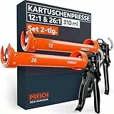 Presch Kartuschenpressen Set 26:1 & 12:1 inkl. Nachlaufstopp - Silikonspritzen für Kartuschen bis 310ml (Acryl, Silikon bis Montagekleber) - Kartuschenpistolen 360° drehbar inkl. Einstechwerkzeug