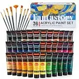 Fantastory Acrylfarben Set - 36 x 36ml Tube Acrylic Paint mit 10 Pinseln, hochpigmentiert, wasserfest & lichtecht für Leinwand, Steine, Holz, Modellbau & Basteln