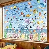 Simpeak 134 stk Fensterbilder Ozeanwelt, Fische Meeresschildkröten Algen Seesterne Selbstklebend, PVC Fensterdeko Fenstersticker, Fensterdekoration Fensterwand Badezimmer Kühlschrank, 9 Blatt