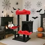 BYBYME Gothic-Kratzbaum für Halloween, 84.5 cm, stabiles Katzenmöbel-Set mit Katzenbett und Katzenhaus, Hängematte, kratzenden Sisalpfosten, multifunktionaler Katzenspielturm (Schwarz Rot)
