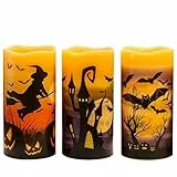 Eldnacele Halloween Flammenlose Stumpenkerzen mit 6H Timer, Batteriebetriebene Echtwachs LED Kerzen mit Fledermäusen Schloss Hexenmuster für Horror Gruselige Halloween Dekoration Geschenk 3 Stück