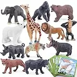 SIENON 12Pcs Safari Tiere Figur Spielzeug mit Flash-Karten, Kunststoff realistische Wilden Zoo Dschungel Figuren mit Elefant Löwe Giraffe Bär Gorilla für Kinder pädagogisches Lernen Party Dekoration