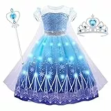 AUYAO LED Princess Kostüm Kinder Mädchen 3Pcs Prinzessinnenkleid Set Kinder mit Krone Diadem Zauberstab Girls Princess Costume für Weihnachten Verkleidung Karneval Halloween Geburtstag Party (100cm)