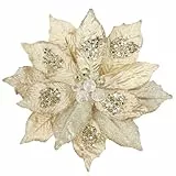 Hollyone 4 Stück Künstliche Weihnachtsblumen Champagner Glitzer Weihnachtsbaum Dekoration Weihnachtssterne 23cm Große Kunstblumen für Weihnachten Neujahr Hochzeit Partys Feiertagsdekoration