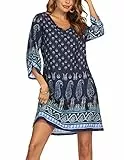 Beyove Damen Bohemian Tunika Kleid Sommer Strandkleid Tunikakleider Vintage Strandtunika 3/4-Arm Rundhals Kleid Blumenmuster Sommerkleider Tops Muster 4 L