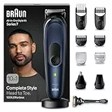 Braun All-In-One Trimmer-Set 7, 10-in-1 Multigroom, Barttrimmer, Nasenhaartrimmer, Haarschneidemaschine für Gesicht, Kopf und Körper, 100 Min. Akku, 14 Längen (3–21 mm), Wasserdicht, MGK7410, Blau