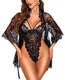 RSLOVE Sexy Dessous für Damen - Spitzen Body mit Bademantel Nachtwäsche Set Unterwäsche Negligee Schwarz M